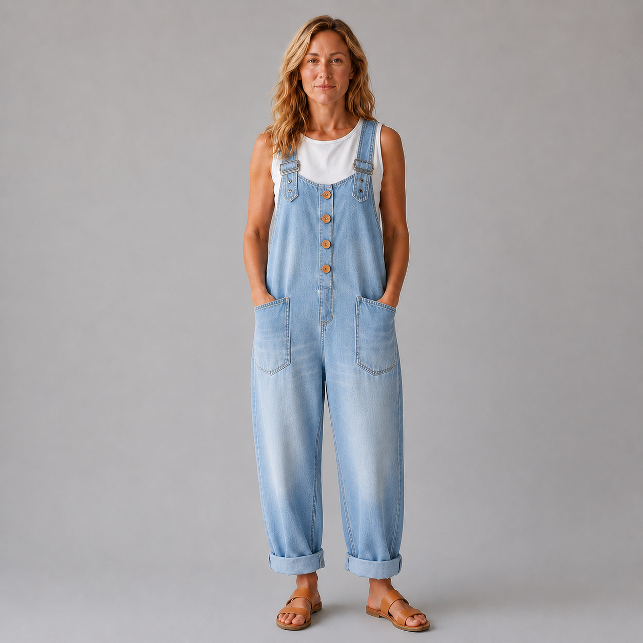 Pockets Wide Leg Denim Look Overall