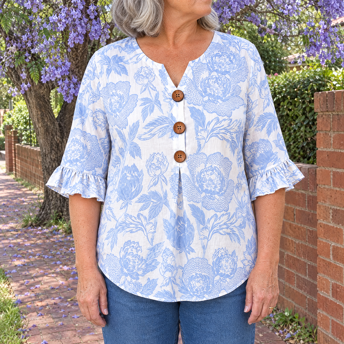 Aria vintage floral print blouse worn by an Australian woman