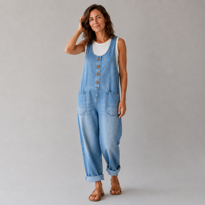 Pockets Wide Leg Denim Look Overall