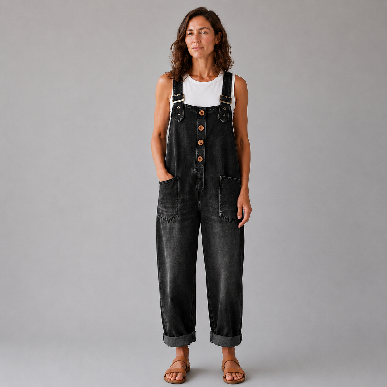 Pockets Wide Leg Denim Look Overall