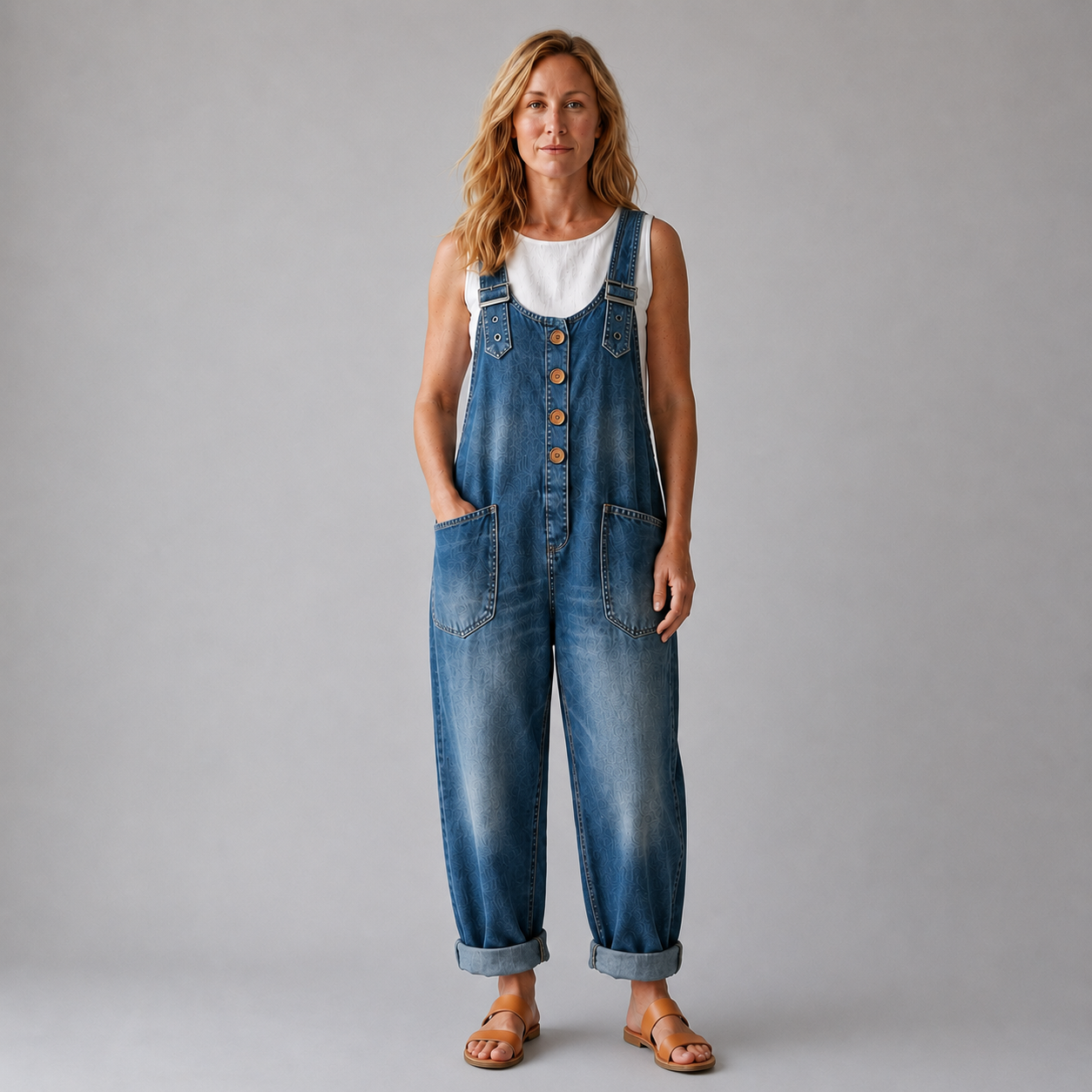 Pockets Wide Leg Denim Look Overall