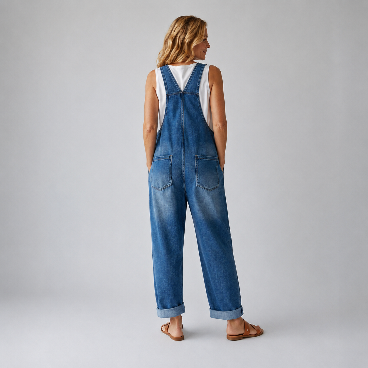 Pockets Wide Leg Denim Look Overall