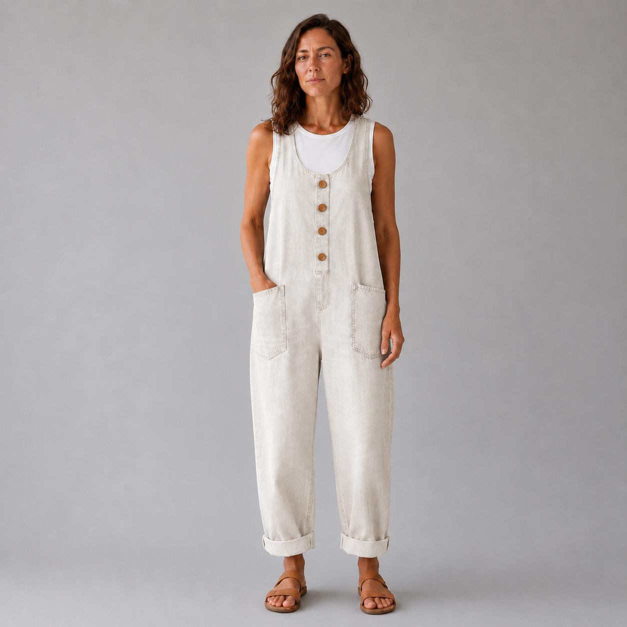 Pockets Wide Leg Denim Look Overall
