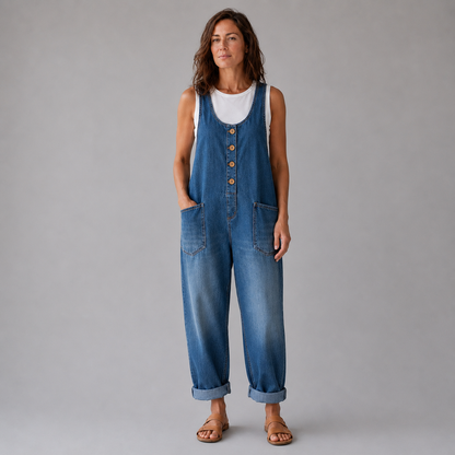 Pockets Wide Leg Denim Look Overall