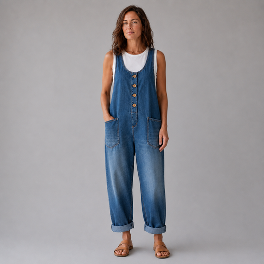Pockets Wide Leg Denim Look Overall