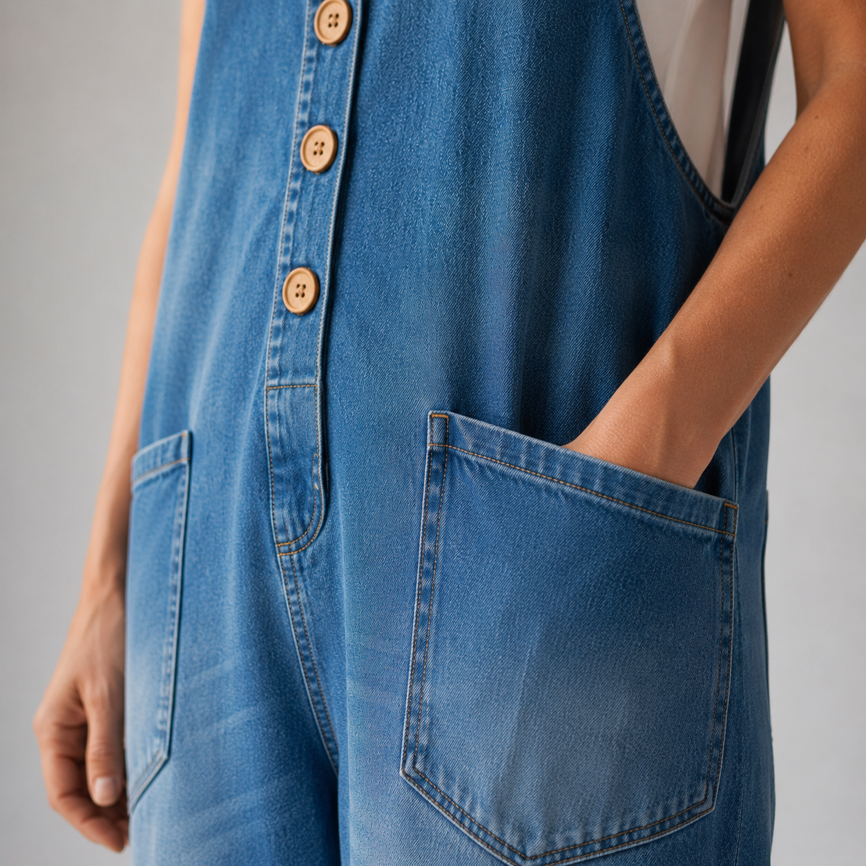 Pockets Wide Leg Denim Look Overall