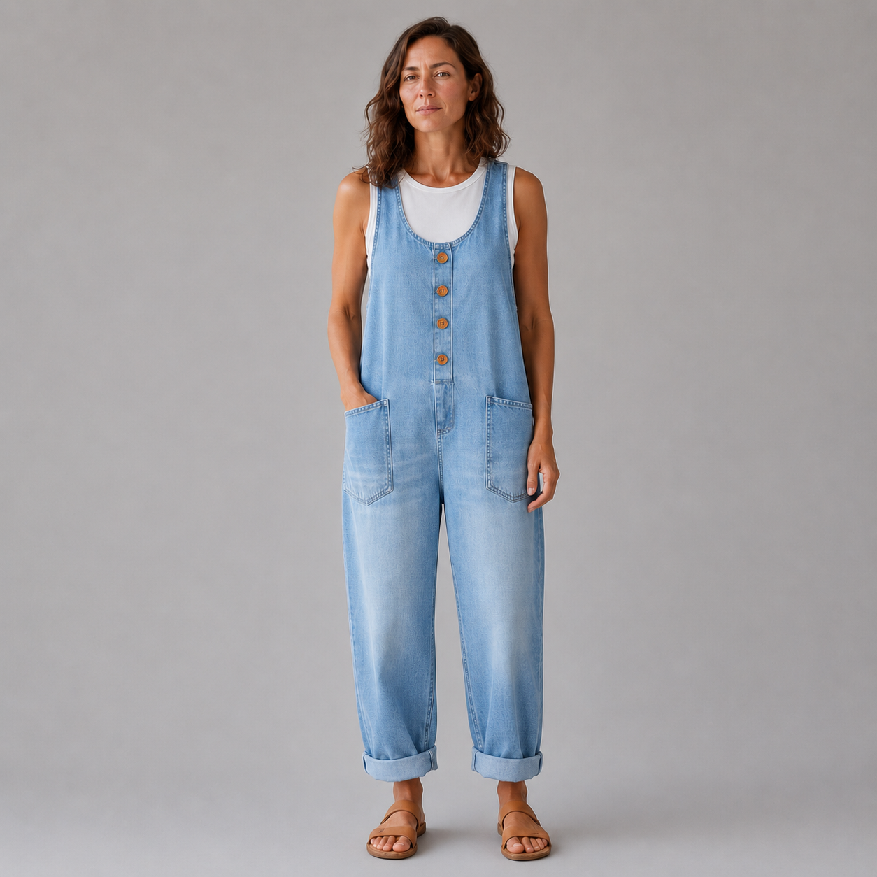 Pockets Wide Leg Denim Look Overall