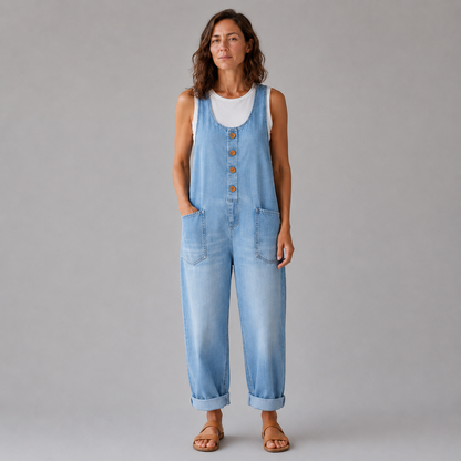 Pockets Wide Leg Denim Look Overall