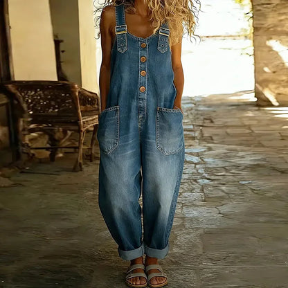 June - Vintage Soft Cotton Denim-Look Overalls with Adjustable straps