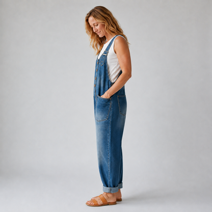 Pockets Wide Leg Denim Look Overall