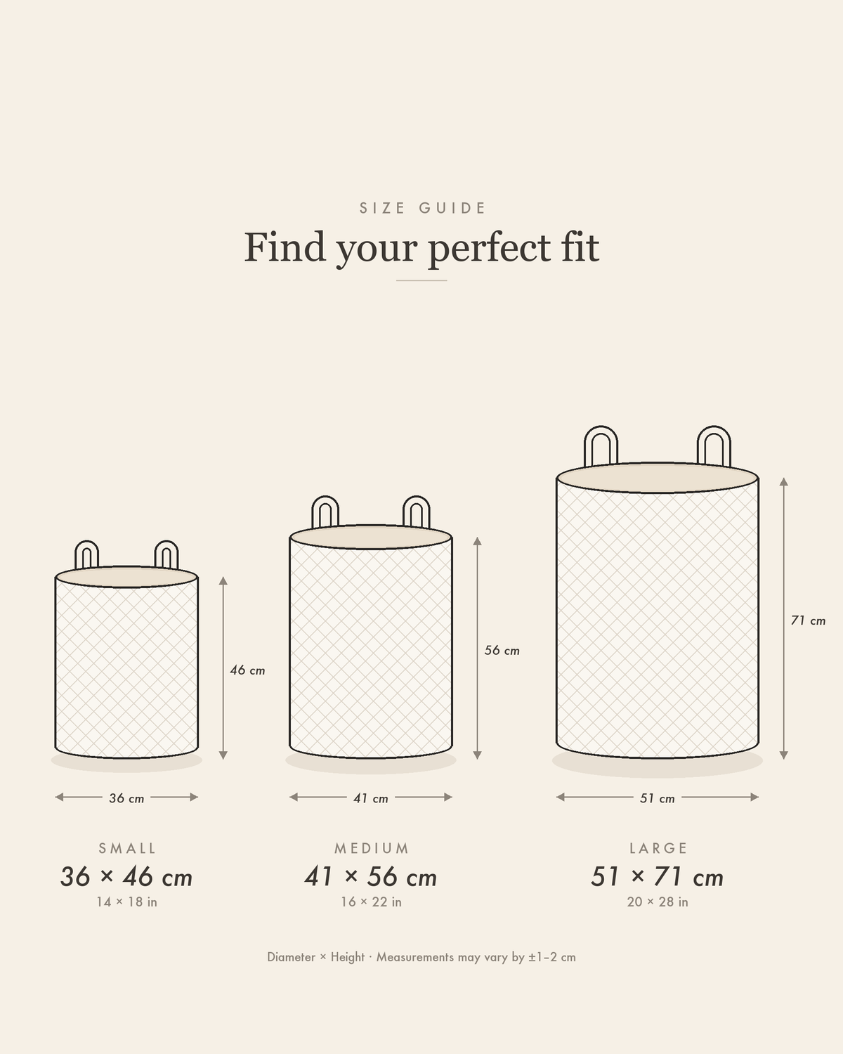 Laundry basket size guide: Small 36 × 46 cm, Medium 41 × 56 cm, Large 51 × 71 cm