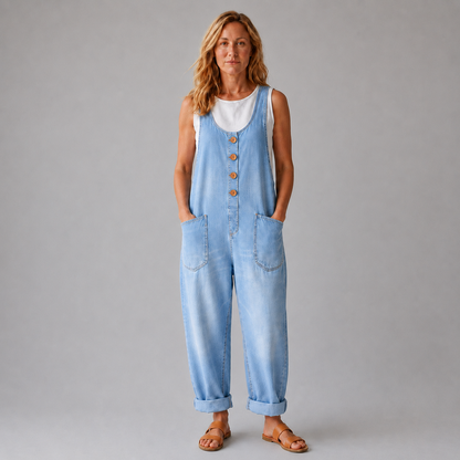 Pockets Wide Leg Denim Look Overall