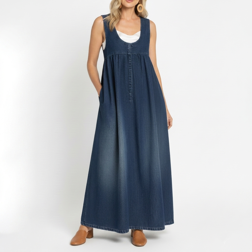 Saylor - Vintage Washed Soft Cotton Feel Denim Maxi Dress