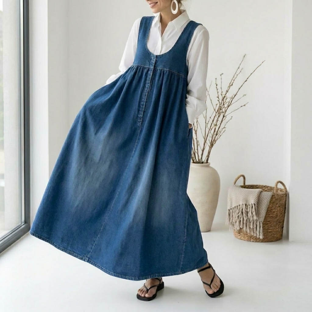 Saylor - Vintage Washed Soft Cotton Feel Denim Maxi Dress