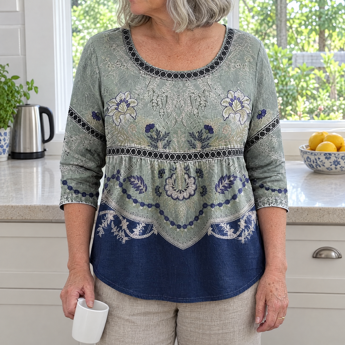 Elaine vintage floral print blouse worn by an Australian woman