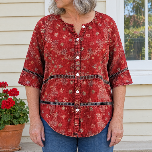 Luna vintage ethnic print blouse worn by an Australian woman
