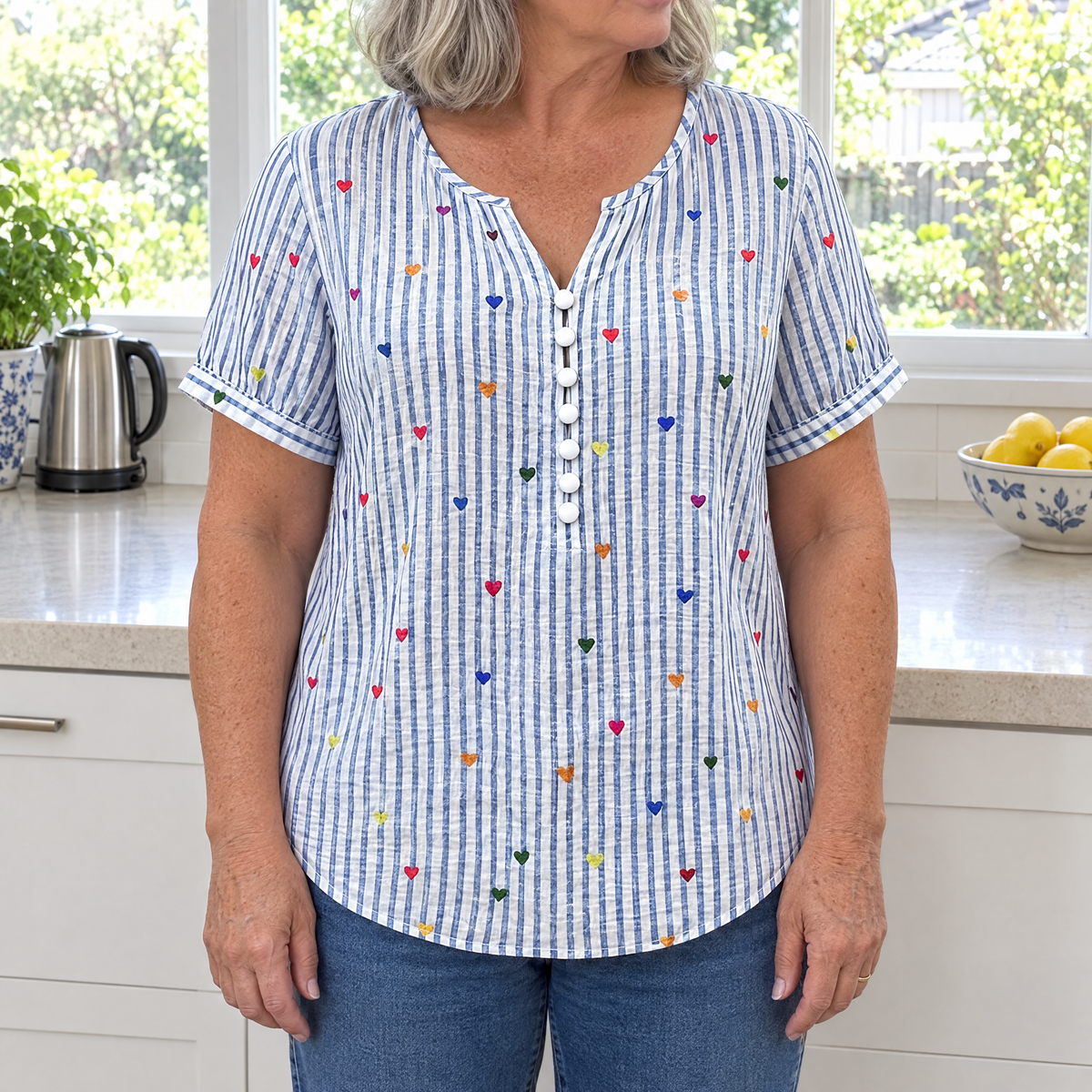 Olivia striped blouse with heart print worn by an Australian woman