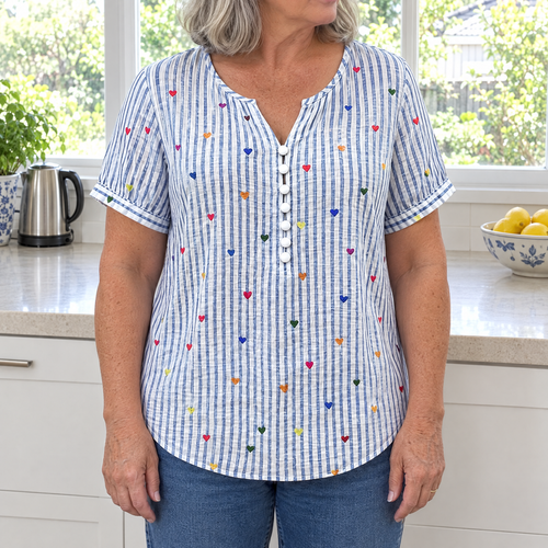 Olivia striped blouse with heart print worn by an Australian woman