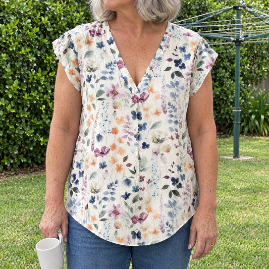 Evelyn vintage floral print blouse worn by an Australian woman