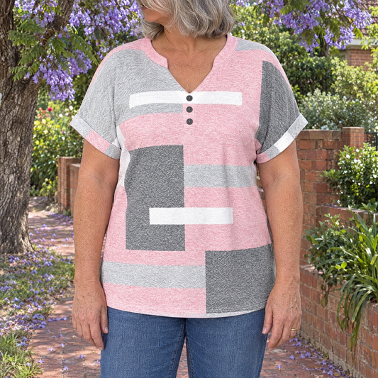 Abby casual colour block blouse worn by an Australian woman