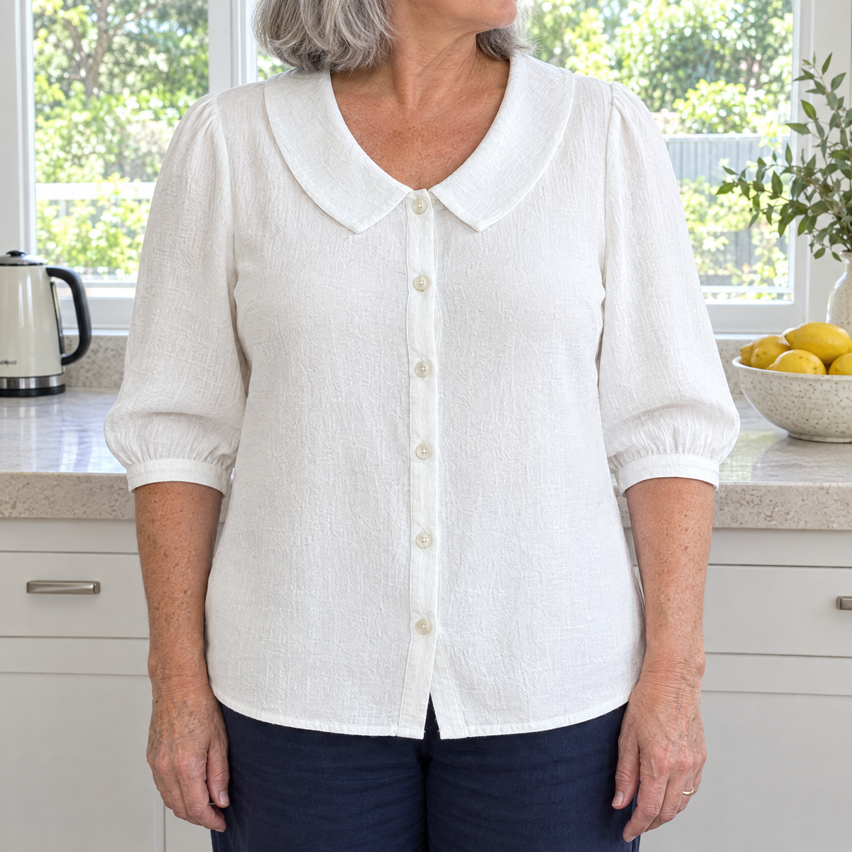 Sophia casual solid colour shirt worn by an Australian woman