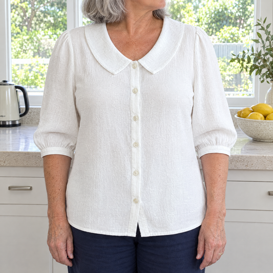 Sophia casual solid colour shirt worn by an Australian woman