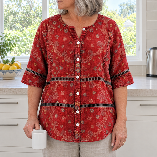 Luna vintage ethnic print blouse worn by an Australian woman