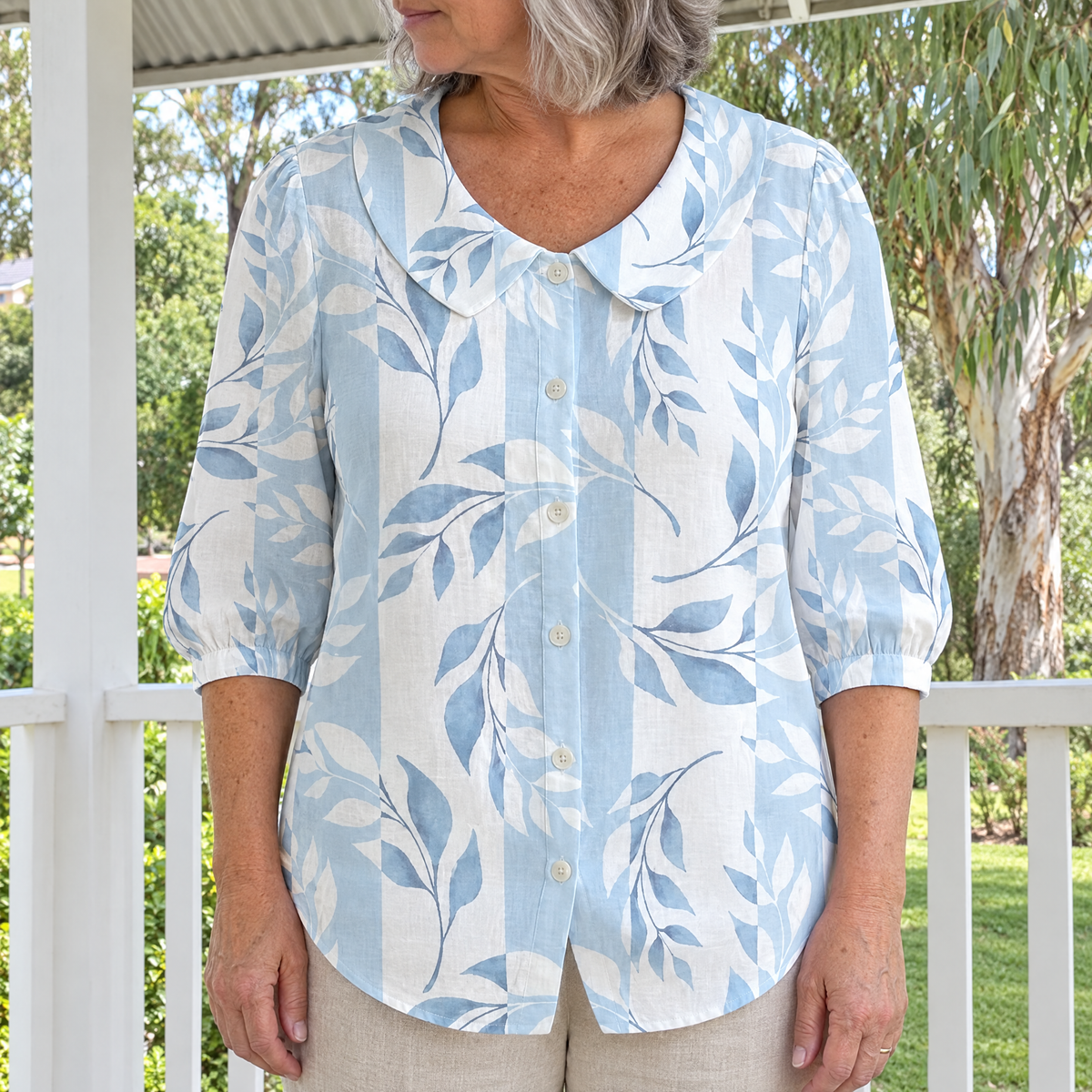 Camila casual leaf print shirt worn by an Australian woman