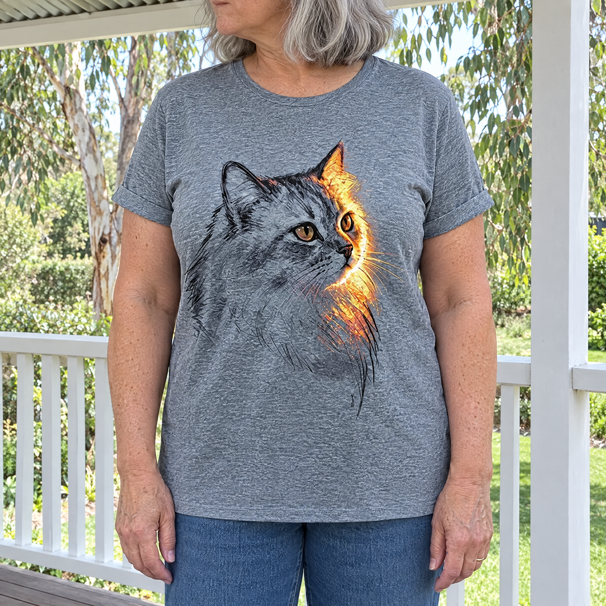 Mia casual cat print t-shirt worn by an Australian woman