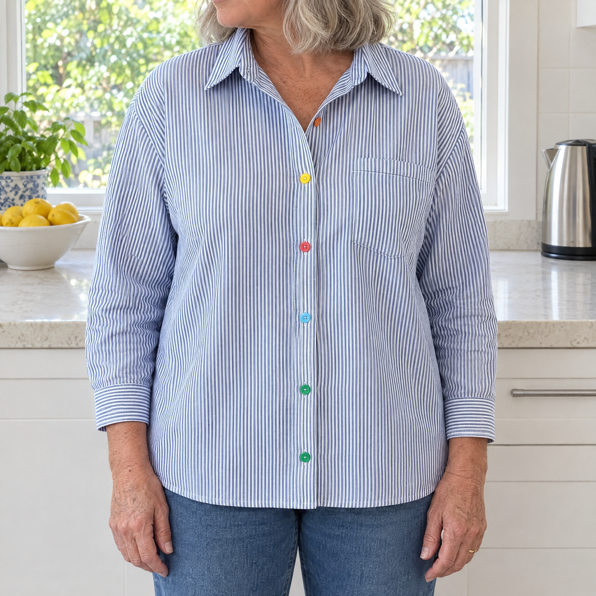 Elizabeth casual striped shirt worn by an Australian woman