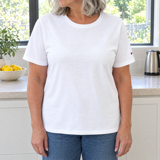 Mila casual solid colour t-shirt worn by an Australian woman