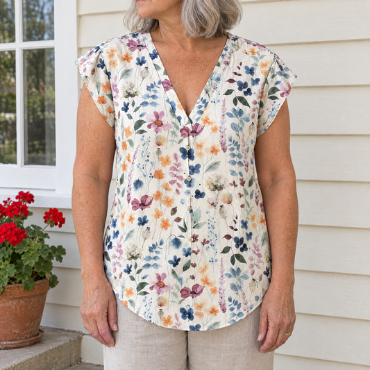 Evelyn vintage floral print blouse worn by an Australian woman