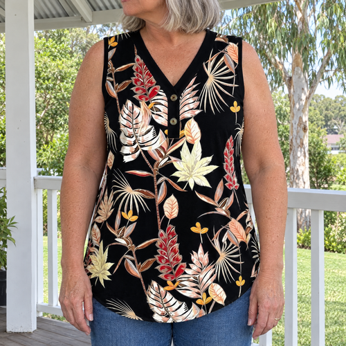 Chloe vintage leaf print tank top worn by an Australian woman