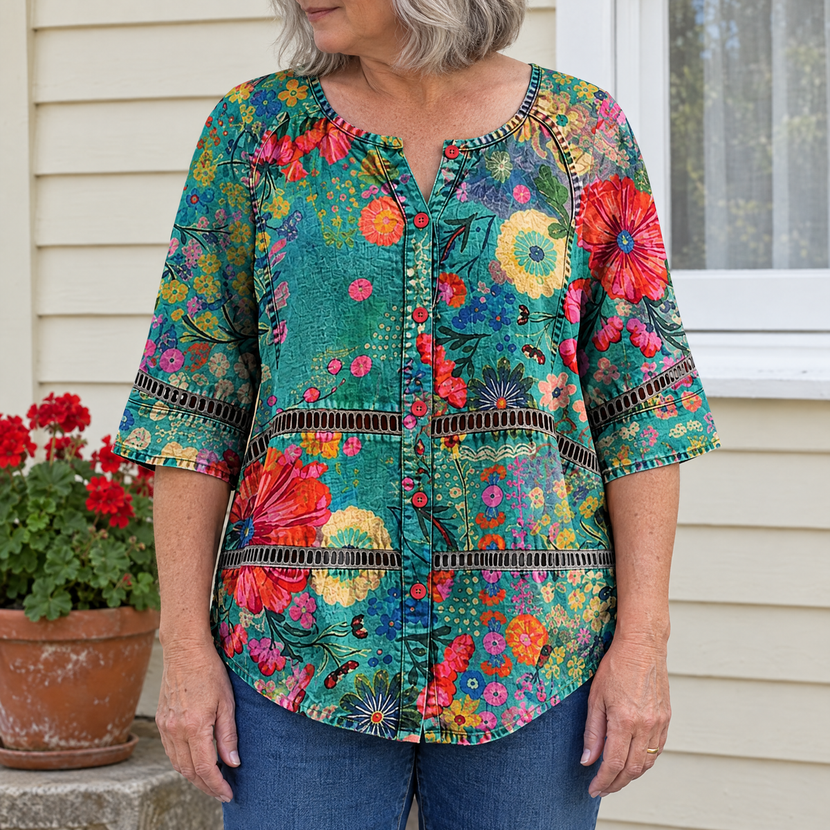 Emily vintage floral print blouse worn by an Australian woman