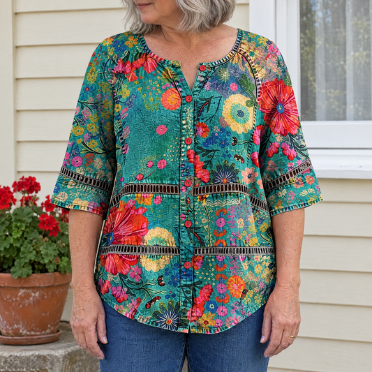 Emily vintage floral print blouse worn by an Australian woman