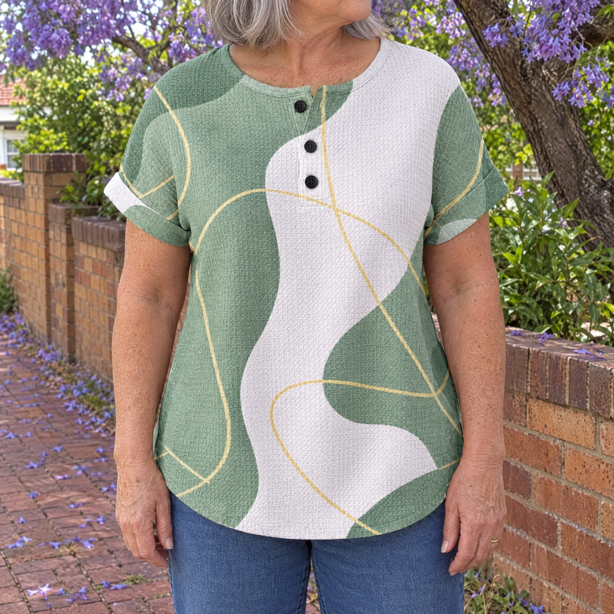 Abigail casual colour block blouse worn by an Australian woman