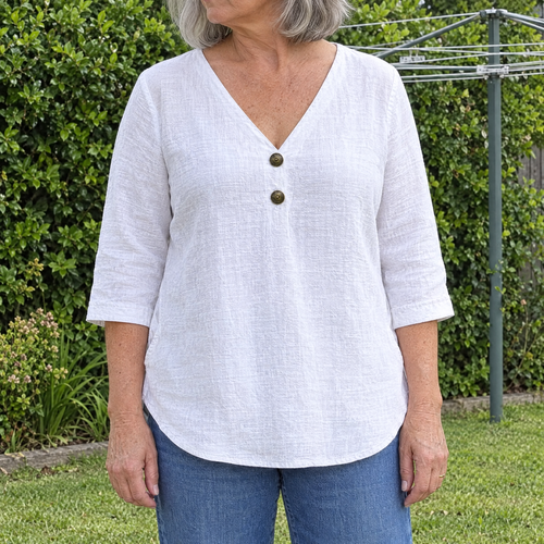 Sofia casual solid blouse worn by an Australian woman