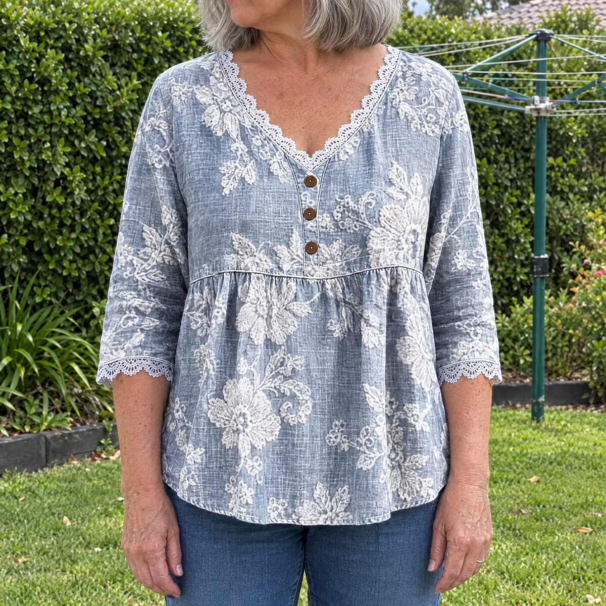 Victoria vintage floral print blouse worn by an Australian woman