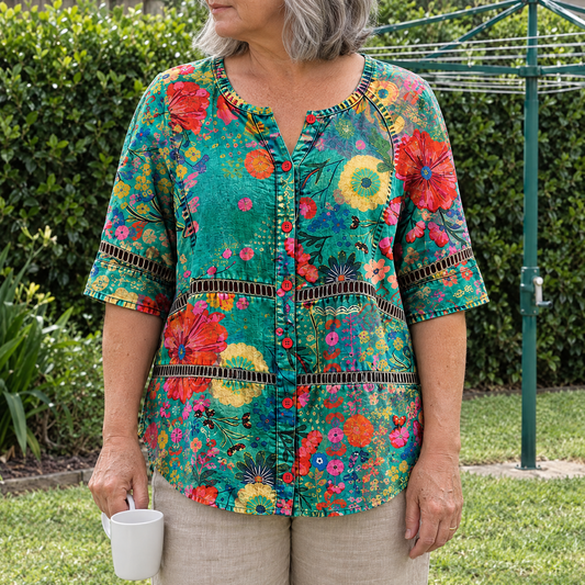 Emily vintage floral print blouse worn by an Australian woman