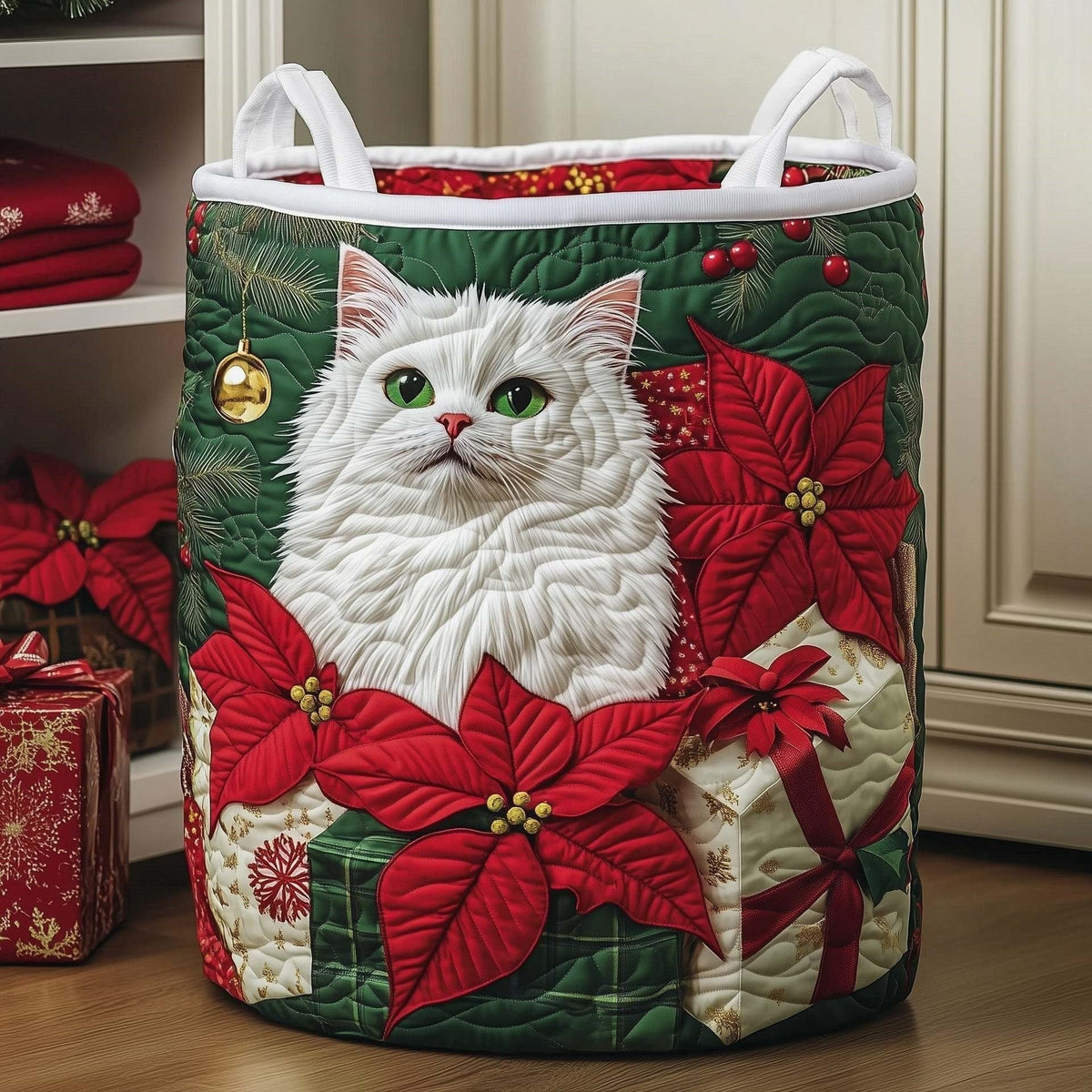 Snowball | Poinsettia Snow Cat Laundry Basket
