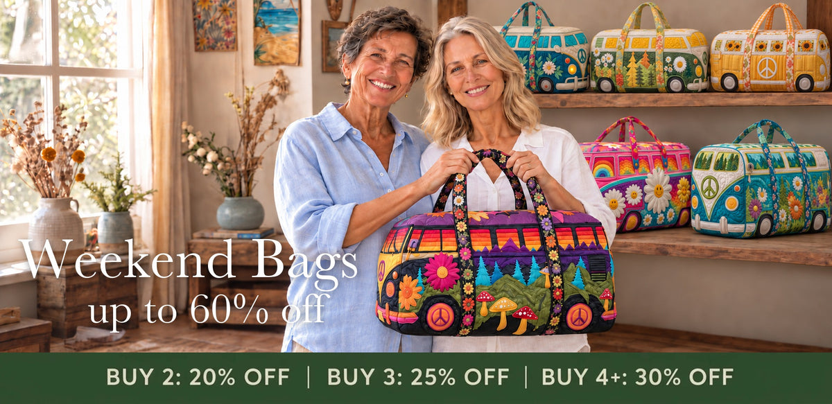 Two women holding a quilted camper-van weekend bag in a sunny shop with more camper-van bags on the shelves. Weekend Bags, up to 60% off.